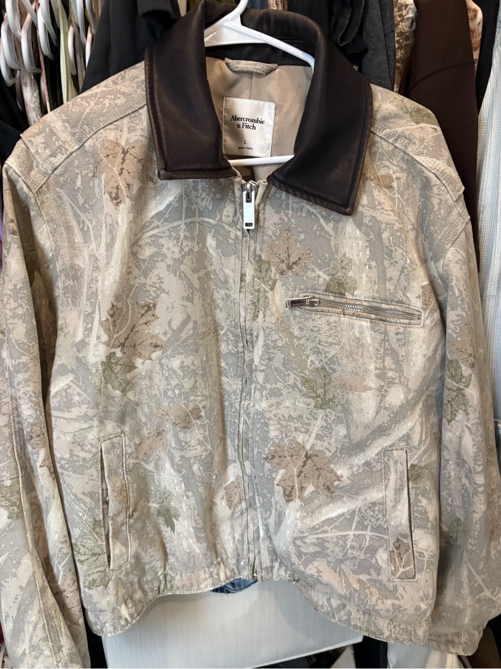 Abercrombie & Fitch Beige Camo Bomber Jacket with Dark Brown Collar